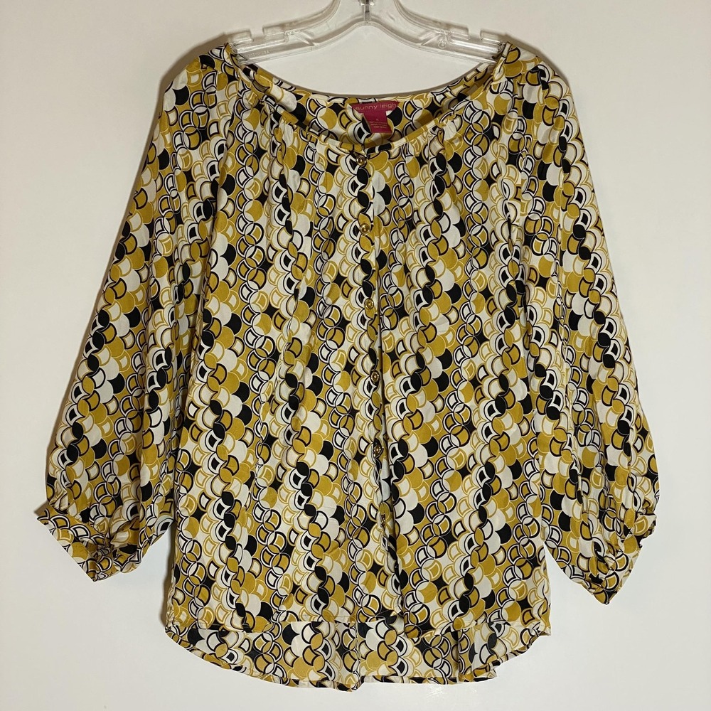 Sunny Leigh Top Womens Medium Yellow Black Geometric 3/4 Sleeve Button Up Retro